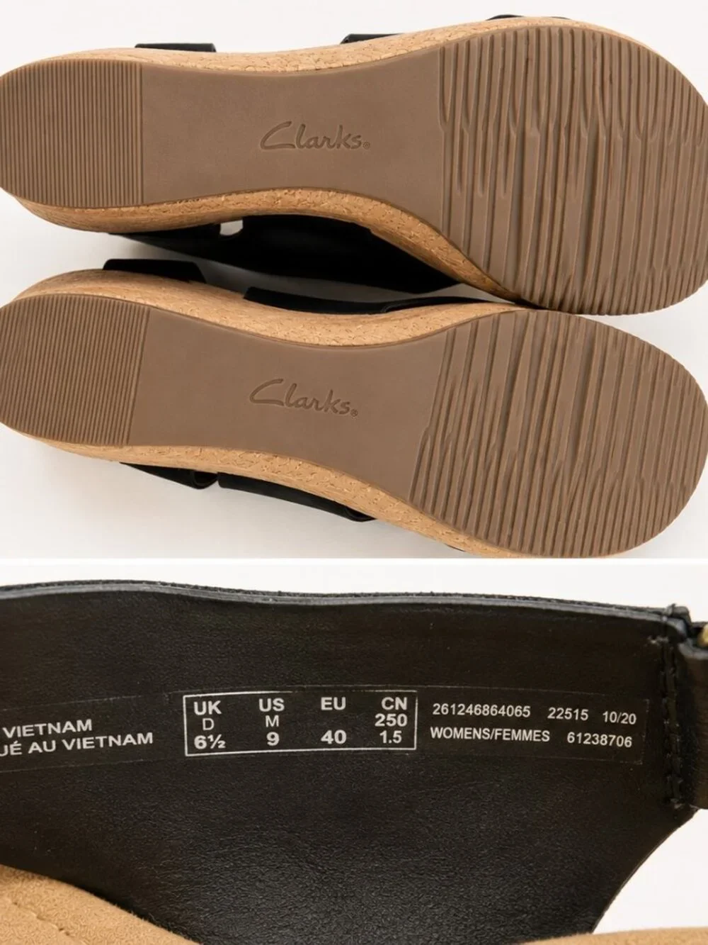 Clarks Collection Cushion Soft Black Leather Cross Strap Wedge Sandals Women's